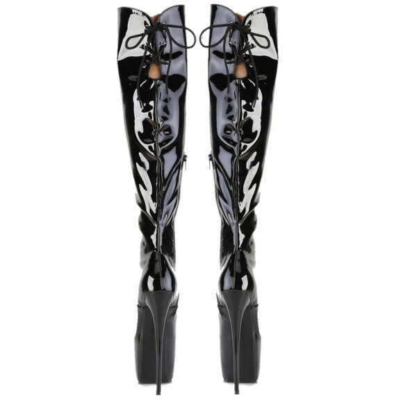 Juicy 3015 Black Patent Slim 7" Stiletto Platform Lace Up Over The Knee Boots - Picture 5 of 7